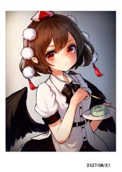 Rule 34 | 1girl, :/, absurdres, black bow, black bowtie, black skirt, black wings, blush, bow, bowtie, brown hair, buttons, cake, closed mouth, collared shirt, commentary request, dated, dress shirt, eating, food, food request, gradient background, hat, highres, holding, holding plate, looking at viewer, plate, pom pom (clothes), pyonsuke (pyon2 mfg), red eyes, red hat, shameimaru aya, shirt, short hair, short sleeves, skirt, solo, tassel, tokin hat, touhou, upper body, white shirt, wing collar, wings