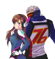 Rule 34 | 1boy, 1girl, bodysuit, breasts, brown hair, cowboy shot, d.va (overwatch), facepaint, facial mark, finger to mouth, from behind, gloves, hand on own hip, headphones, jacket, long hair, long sleeves, looking at viewer, looking back, looking to the side, mask, medium breasts, melting (youyoutoktok), mouth mask, overwatch, overwatch 1, pilot suit, scar, short hair, shoulder pads, signature, simple background, skin tight, soldier: 76 (overwatch), swept bangs, visor, whisker markings, white background, white gloves, white hair