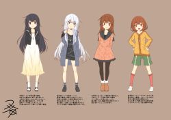 Rule 34 | 10s, 4girls, akatsuki (kancolle), alternate costume, alternate hairstyle, black dress, black eyes, black footwear, black hair, black legwear, blue eyes, blue jacket, blush, brown background, brown eyes, brown footwear, brown hair, casual, collarbone, colorized, commentary request, dog tags, dress, green shorts, hair down, hair ornament, hair ribbon, hairclip, hand up, hands on own hips, hibiki (kancolle), ikazuchi (kancolle), inazuma (kancolle), jacket, kantai collection, long hair, long sleeves, low twintails, multiple girls, pantyhose, pink dress, red legwear, ribbon, shoes, short hair, shorts, silver hair, simple background, smile, socks, translation request, twintails, very long hair, white legwear, yellow dress, yua (checkmate)