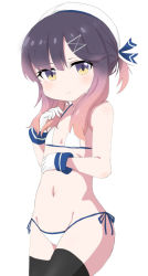 Rule 34 | 1girl, bikini, black thighhighs, flat chest, gloves, gradient hair, hat, junes, kantai collection, mole, mole under eye, multicolored hair, pink hair, ponytail, purple hair, side-tie bikini bottom, simple background, smile, solo, swimsuit, thighhighs, tsushima (kancolle), white background, white bikini, white gloves, white hat, yellow eyes