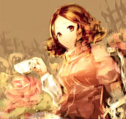 Rule 34 | 10s, 1girl, blurry, brown eyes, brown hair, cup, curly hair, flower, grey background, holding, holding cup, looking at viewer, mozuyun, okumura haru, persona, persona 5, rose, short hair, smile, solo, teacup, upper body