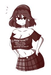 Rule 34 | 1girl, bad id, bad tumblr id, bare shoulders, born to die world is a fuck (meme), breasts, cleavage, clothes writing, crop top, crop top overhang, ear piercing, groin, hat, hecatia lapislazuli, highres, kuruma94, large breasts, looking at viewer, meme, meme attire, midriff, miniskirt, monochrome, navel, navel piercing, piercing, shirt, short hair, simple background, skirt, solo, touhou, white background