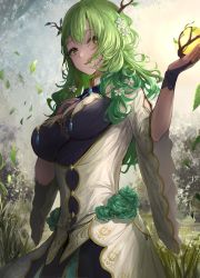 Rule 34 | 1girl, absurdres, antlers, apple, braid, braided bangs, breasts, ceres fauna, chan1moon, flower, food, fruit, golden apple, green hair, hair flower, hair ornament, highres, hololive, hololive english, horns, leaf, long hair, medium breasts, mole, mole under eye, nature, outdoors, single braid, solo, virtual youtuber, wavy hair, yellow eyes