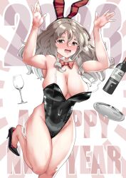 Rule 34 | 1girl, 2023, alcohol, alternate costume, animal ears, black leotard, blush, bottle, bow, bowtie, breasts, brown eyes, cleavage, cup, dated, detached collar, drinking glass, drunk, fake animal ears, grey hair, happy new year, highres, igarashi mangou, kantai collection, large breasts, leotard, new year, open mouth, playboy bunny, pola (kancolle), rabbit ears, solo, strap, traditional bowtie, tray, wavy hair, wine, wine glass, wrist cuffs