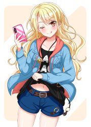 Rule 34 | 1girl, ;q, bang dream!, belt, black shirt, blonde hair, blush, breast pocket, breasts, brown belt, brown eyes, cellphone, clothes lift, clothes writing, collarbone, commentary request, cowboy shot, crouching start, denim, denim jacket, denim shorts, diagonal stripes, groin, hair between eyes, hand up, highres, holding, holding phone, hood, hood down, hooded jacket, jacket, jewelry, kirigaya toko, lifted by self, long hair, long sleeves, looking at viewer, midriff peek, navel, necklace, one eye closed, open clothes, open jacket, orange background, orange jacket, phone, pocket, selfie, shirt, shirt lift, short shorts, shorts, sidelocks, small breasts, smartphone, smile, solo, standing, striped, t-shirt, tongue, tongue out, two-tone background, white background