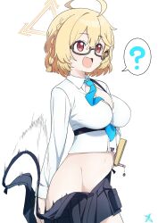 Rule 34 | 1girl, :d, ?, absurdres, ahoge, black-framed eyewear, blonde hair, blue archive, blue necktie, braid, breasts, clothes pull, glasses, hair between eyes, halo, highres, kotori (blue archive), large breasts, makicha (sasurainopink), making-of available, motion lines, navel, necktie, open mouth, red eyes, semi-rimless eyewear, shirt, short hair, simple background, skirt, skirt pull, smile, solo, spoken question mark, under-rim eyewear, white background, white shirt