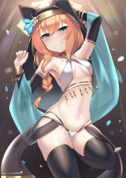 Rule 34 | 1girl, anklet, aqua eyes, arabian clothes, armlet, belly chain, blue archive, blush, bracelet, breasts, bustier, circlet, dancer, dancing, harem outfit, headdress, highres, jewelry, kutan, loincloth, long hair, looking at viewer, mari (blue archive), midriff, navel, necklace, orange hair, revealing clothes, see-through, small breasts, smile, solo, stomach, thighhighs, veil