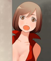 Rule 34 | 1girl, :o, agata no michi, blush, breasts, brown eyes, cleavage, female focus, gradient background, large breasts, meiko (vocaloid), peeking out, short hair, solo, vocaloid