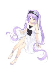 Rule 34 | 1girl, absurdres, arm support, armlet, black bow, black hairband, bow, bracelet, closed mouth, doggo34476335, dress, euryale (fate), euryale (third ascension) (fate), fate/hollow ataraxia, fate (series), flower, from above, full body, hair flower, hair ornament, hairband, highres, jewelry, long hair, purple eyes, purple hair, rose, short dress, side slit, simple background, sitting, sleeveless, sleeveless dress, smile, solo, thighlet, twintails, very long hair, white background, white dress, white flower, white rose