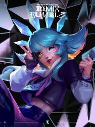 Rule 34 | 1girl, absurdres, aqua hair, black gloves, chameleon girl, commentary, english commentary, eyeshadow, fingerless gloves, fingernails, freckles, gloves, hair between eyes, highres, holding, holding microphone, k/da neeko, league of legends, long hair, long sleeves, looking at viewer, makeup, microphone, neeko (league of legends), official alternate costume, official alternate hairstyle, official art, one eye closed, sidelocks, smile, solo, teamfight tactics, v, yellow eyes