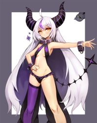 Rule 34 | 1girl, ahoge, bikini, black bikini, braid, breasts, closed mouth, collar, commentary, crow (la+ darknesss), cuffs, demon girl, demon horns, frilled bikini, frills, grey hair, groin, hand on own hip, highres, hololive, holox, horns, la+ darknesss, legs apart, long hair, looking at viewer, metal collar, multicolored hair, navel, notte, orange eyes, outstretched arm, outstretched hand, pointy ears, purple hair, purple thighhighs, sidelocks, single thighhigh, small breasts, standing, stomach, streaked hair, striped horns, swimsuit, thighhighs, underboob, very long hair, virtual youtuber, white background