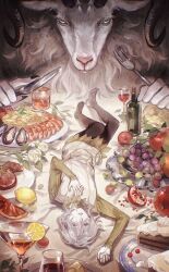 Rule 34 | 1boy, absurdres, alcohol, apple, bags under eyes, black eyes, black nails, boots, cake, demon, dungeon meshi, elf, food, fork, fruit, goat, goat (dungeon meshi), gorget, green shirt, grey hair, highres, holding, holding fork, holding knife, horizontal pupils, horns, knife, lazy eye, lying, male focus, mini person, miniboy, mithrun, notched ear, on back, on table, pointy ears, shirt, short hair, table, thigh boots, tunic, uneven eyes, uniform, wine, yellow eyes, yu ge wen jiu