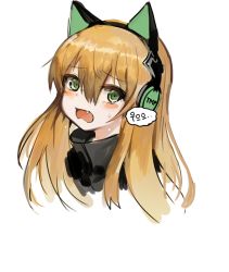 Rule 34 | 1girl, animal ear headphones, animal ears, bad id, bad pixiv id, black jacket, brown hair, cat ear headphones, cat ears, character name, commentary request, crying, crying with eyes open, dokomon, fake animal ears, fang, girls&#039; frontline, green eyes, hair between eyes, head tilt, headphones, highres, jacket, korean commentary, korean text, long hair, looking at viewer, open mouth, simple background, solo, tears, tmp (girls&#039; frontline), translation request, wavy mouth, white background
