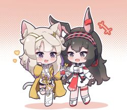 Rule 34 | +++, 2girls, animal ears, april (arknights), arknights, black shorts, blonde hair, blush, brown hair, cat ears, cat girl, cat tail, chibi, coat, commission, earclip, fang, hair ornament, hairband, headphones, holding hands, implied extra ears, kazemaru (arknights), kurotofu, long hair, long sleeves, multiple girls, open clothes, open coat, open mouth, purple eyes, rabbit ears, rabbit girl, second-party source, shirt, shoes, short eyebrows, shorts, simple background, skirt, tail, walking, white footwear, white shirt, white skirt, x hair ornament, yellow coat