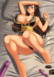 Rule 34 | 1girl, alternate costume, bare shoulders, barefoot, bed, blush, breasts, brown eyes, brown hair, capcom, chun-li, cleavage, covered erect nipples, curvy, dildo, egg vibrator, hair down, huge breasts, long hair, lying, on back, parted lips, pillow, sex toy, solo, street fighter, street fighter v, sweat, tenji, vibrator, wide hips