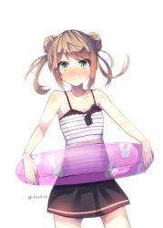 Rule 34 | 10s, 1girl, :|, alternate costume, bare shoulders, blush, brown hair, closed mouth, collarbone, double bun, flat chest, green eyes, hair bun, innertube, kantai collection, konkito, looking at viewer, michishio (kancolle), nose blush, ribbon, see-through, short hair, short twintails, signature, simple background, skirt, solo, swim ring, twintails, twitter username, wavy mouth, white background
