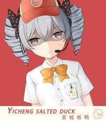 Rule 34 | 1girl, angao, bow, bowtie, breast pocket, breasts, bronya zaychik, chinese commentary, chinese text, commentary request, drill hair, dutch angle, employee uniform, empty eyes, expressionless, eyes visible through hair, grey eyes, grey hair, hair bow, headset, honkai (series), honkai impact 3rd, orange bow, orange bowtie, pocket, polka dot bowtie, red background, shaded face, shirt, small breasts, solo, sweatdrop, translation request, twin drills, uniform, upper body, white shirt