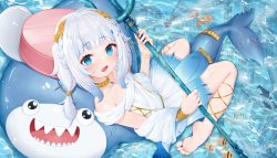 Rule 34 | 1girl, absurdres, barefoot, bloop (gawr gura), blue eyes, blue hair, blush, bracelet, braid, dress, fins, fish tail, from above, gawr gura, gawr gura (party dress), gradient dress, highres, holding, holding polearm, holding weapon, hololive, hololive english, jewelry, looking at viewer, looking up, multicolored hair, polearm, roina (effj7473), shark tail, sitting, solo, streaked hair, tail, thighs, trident, virtual youtuber, wariza, weapon, white dress, white hair