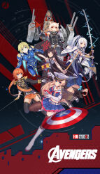 5girls absurdres ahoge aiguillette akagi_(warship_girls_r) alternate_costume armor bismarck_(warship_girls_r) black_gloves black_hair blonde_hair blue_eyes blue_skirt boots bow_(weapon) braid breasts brown_hair chichengde_haotidu_afusang dress english_text enterprise_(warship_girls_r) epaulettes fingerless_gloves flag gloves green_eyes hair_ornament hat highres holding holding_sword holding_weapon jacket kaga_(warship_girls_r) long_hair long_sleeves looking_at_viewer machinery mecha_musume medium_breasts midriff military military_uniform miniskirt multiple_girls nelson_(warship_girls_r) orange_hair panties pleated_skirt ponytail red_eyes rigging sailor_collar ship_turret shirt short_hair shoulder_armor skirt smile standing superhero_costume sword thighhighs twintails underwear very_long_hair warship_girls_r weapon white_footwear white_gloves white_hair zettai_ryouiki