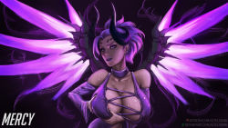 Rule 34 | 1girl, alternate costume, anastasia (asteltainn), areola slip, breasts squeezed together, breasts, character name, choker, cleavage, collarbone, dark persona, deep skin, detached sleeves, dress, ear piercing, eyelashes, eyeshadow, glowing, glowing wings, highres, horns, imp mercy, large breasts, lipstick, makeup, mechanical wings, mercy (overwatch), navel, no bra, overwatch, overwatch 1, piercing, purple choker, purple dress, purple eyes, purple hair, purple lips, revealing clothes, short ponytail, solo, spread wings, sweat, watermark, web address, wings