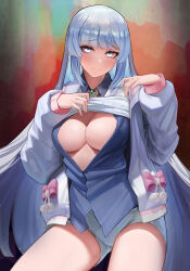 Rule 34 | 1girl, absurdres, blue eyes, blue hair, blunt ends, breasts, cleavage, closed mouth, clothes lift, cowboy shot, elesis (elsword), elsword, hantata, highres, jacket, large breasts, long hair, long sleeves, looking at viewer, open clothes, open shirt, partially unbuttoned, short shorts, shorts, simple background, smile, solo, sweater vest, thick eyelashes, tsurime, very long hair