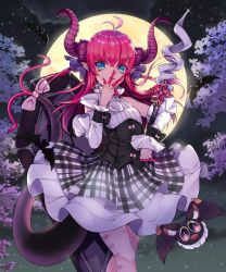 Rule 34 | 1girl, absurdres, antenna hair, artist request, bad id, bad pixiv id, bat (animal), bat wings, blue eyes, breasts, coffin, commentary request, curled horns, dragon girl, dragon horns, dragon tail, elizabeth bathory (fate), elizabeth bathory (fate/extra ccc), elizabeth bathory (second ascension) (fate), fate/extella, fate/extra, fate/extra ccc, fate/grand order, fate (series), full moon, hand on own chin, highres, holding, holding polearm, holding spear, holding weapon, horns, idol, long hair, moon, night, night sky, pink hair, plaid, plaid skirt, polearm, skirt, sky, slit pupils, small breasts, solo, sparkle, spear, star (sky), tail, tree, weapon, wings