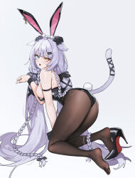 Rule 34 | 1girl, absurdres, all fours, animal ears, ass, black leotard, blue eyes, blush, braid, breasts, fake animal ears, fake tail, from behind, full body, grey hair, hair ornament, hairclip, heterochromia, high heels, highres, large breasts, last origin, leotard, long hair, no shoes, open mouth, orange eyes, pantyhose, paw pose, perrault (last origin), playboy bunny, pumps, rabbit ears, rabbit tail, red soles, shoes, simple background, single shoe, solo, stiletto heels, tail, tunamayo (dsasd751), twin braids, twintails, very long hair, white background