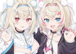 Rule 34 | 2girls, animal ear fluff, animal ears, bandaid, bandaid hair ornament, black collar, black jacket, blonde hair, blue eyes, blue hair, blue nails, blush, breasts, claw pose, cleavage, cleavage cutout, closed mouth, clothing cutout, collar, cropped jacket, cropped shirt, dog ears, dog girl, dress, fang, fur-trimmed jacket, fur trim, fuwawa abyssgard, fuwawa abyssgard (1st costume), hair ornament, hairpin, headphones, headphones around neck, hololive, hololive english, jacket, large breasts, long hair, looking at viewer, medium hair, mococo abyssgard, mococo abyssgard (1st costume), multicolored hair, multiple girls, nail polish, open mouth, pink eyes, pink hair, pink nails, shirt, siblings, sidelocks, sisters, smile, spiked collar, spikes, streaked hair, swon (joy200892), tongue, tongue out, twins, two side up, virtual youtuber, white dress, white shirt, x hair ornament