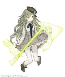 Rule 34 | 1boy, axe, crossdressing, energy weapon, full body, green eyes, green hair, hat, holding clothes, holding skirt, ji no, long hair, looking at viewer, male focus, official art, pantyhose, pinocchio (sinoalice), ribbon, sinoalice, skirt, solo, trap, white background