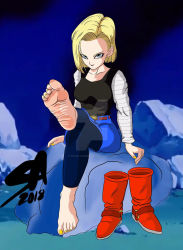 Rule 34 | android 18, barefoot, dragonball z, happy, highres, leaning forward, leg lift, moaning, sitting, smile, spread legs