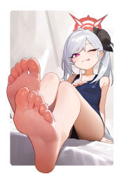 Rule 34 | 1girl, artist request, bare legs, barefoot, blue archive, check artist, feet, foot focus, halo, highres, looking at viewer, mutsuki (blue archive), one eye closed, outside border, pink eyes, school swimsuit, side ponytail, soles, solo, swimsuit, toes, tongue, tongue out, white hair