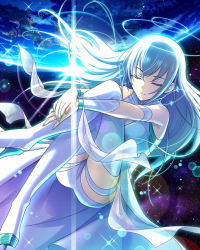 Rule 34 | 10s, 1girl, aqua lips, aqua nails, artist request, bare shoulders, boots, breasts, cleavage, closed eyes, collarbone, detached sleeves, galaxy, idolmaster, idolmaster cinderella girls, lipstick, long hair, makeup, nail polish, official art, shorts, silver hair, sitting, solo, space, star (sky), takamine noa, thigh boots, thighhighs
