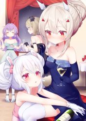 Rule 34 | &gt; &lt;, 4girls, :o, :t, animal ears, ayanami (azur lane), azur lane, bare shoulders, black bow, black dress, blue dress, blue footwear, blue gloves, blush, bottle, bow, braid, breasts, cake, cake slice, closed eyes, closed mouth, collarbone, commentary request, cross, cup, curtains, double bun, dress, drink, drinking glass, eating, elbow gloves, flower, food, fork, gloves, hair between eyes, hair bow, hair bun, hair ornament, hairclip, headgear, high heels, highres, holding, holding cup, holding fork, holding saucer, indoors, iron cross, javelin (azur lane), kokone (coconeeeco), laffey (azur lane), light brown hair, long hair, multiple girls, open mouth, parted lips, pigeon-toed, pink dress, purple hair, rabbit ears, red eyes, red flower, saucer, shoes, single hair bun, sitting, small breasts, standing, strapless, strapless dress, thighhighs, very long hair, white dress, white flower, white gloves, white hair, white legwear, window, z23 (azur lane)