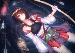 Rule 34 | 10s, 1girl, afloat, akagi (kancolle), arrow (projectile), bad id, bad pixiv id, bow (weapon), brown eyes, brown hair, collarbone, damaged, floating, japanese clothes, kantai collection, long hair, muneate, partially submerged, ripples, solo, thighhighs, torn clothes, veilrain, water, weapon