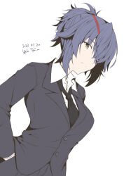 Rule 34 | 1girl, alternate costume, alternate hairstyle, artist name, black jacket, black necktie, business suit, collared shirt, dated, dress shirt, eyepatch, formal, hand in pocket, highres, jacket, kantai collection, looking at viewer, necktie, ponytail, purple hair, shirt, short hair, simple background, solo, suit, taira yuuki, tenryuu (kancolle), upper body, white background, white shirt, yellow eyes