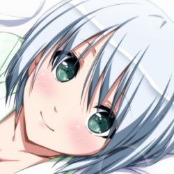 Rule 34 | 1girl, blush, breasts, cleavage, close-up, closed mouth, collarbone, eyebrows, green eyes, green shirt, konpaku youmu, lens flare, lips, looking at viewer, lying, nori tamago, on side, pillow, shirt, short hair, silver hair, smile, solo, touhou, upper body