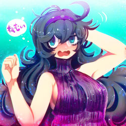 Rule 34 | 1girl, @ @, adapted costume, ahoge, arm behind head, arm up, artist name, bare shoulders, big hair, blue background, blush, breasts, covered collarbone, creatures (company), drooling, female focus, fingernails, game freak, hair between eyes, hairband, hakkasame, half-closed eye, hand up, hex maniac (pokemon), japanese text, large breasts, long hair, messy hair, nintendo, nose blush, npc trainer, open mouth, pokemon, pokemon xy, purple eyes, purple hair, purple hairband, saliva, sideboob, signature, simple background, sleeveless, solo, sweat, thought bubble, translation request, turtleneck, twitter username, uneven eyes, upper body, very long hair