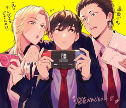 Rule 34 | 3boys, 4boys, :o, ahoge, arm around shoulder, between fingers, black hair, blazer, boy sandwich, brown eyes, brown hair, collared shirt, dress shirt, earrings, eyes visible through hair, flying sweatdrops, game console, habataki academy school uniform, hachimandar, hair over one eye, hair slicked back, hands up, holding, jacket, jewelry, kazama ryouta, long sleeves, looking at another, looking down, looking to the side, looking up, male focus, medium hair, multiple boys, necktie, nintendo switch, open mouth, playing games, red necktie, ring, sakurai kouichi, sakurai ruka, sandwiched, school uniform, shirt, side-by-side, sideways glance, simple background, straight-on, striped necktie, tokimeki memorial, tokimeki memorial girl&#039;s side 3rd story, tokimeki memorial girl&#039;s side 4th heart, translation request, upper body, white shirt, yellow background