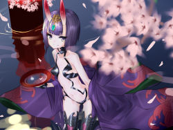 Rule 34 | 1girl, alcohol, bad id, bad pixiv id, bare shoulders, boots, breasts, cherry blossoms, cup, eyebrows, fate/grand order, fate (series), fure-tan, horns, japanese clothes, kimono, navel, oni, petals, purple eyes, purple hair, sakazuki, sake, short hair, shuten douji (fate), skin-covered horns, small breasts, smile, solo, thigh boots, thighhighs, water, wide sleeves