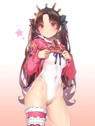 Rule 34 | 1girl, :&lt;, blush, breasts, bridal garter, brown hair, closed mouth, clothes lift, commentary request, contrapposto, covered navel, crown, earrings, fate/grand order, fate (series), fur trim, gradient background, hair ribbon, highleg, highleg swimsuit, hoop earrings, ishtar (fate), ishtar (swimsuit rider) (fate), jacket, jacket lift, jewelry, lifting own clothes, long hair, long sleeves, looking at viewer, medium breasts, one-piece swimsuit, parted bangs, pink eyes, popqn, red eyes, ribbon, shirt lift, simple background, single thighhigh, solo, standing, star (symbol), swimsuit, swimsuit under clothes, thighhighs, tohsaka rin, two side up, white one-piece swimsuit