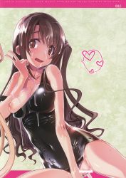 Rule 34 | 1girl, absurdres, asymmetrical hair, bar censor, bare legs, breasts, brown eyes, brown hair, censored, collarbone, female focus, hair between eyes, heart, highres, huge filesize, idolmaster, idolmaster cinderella girls, large breasts, long hair, looking at viewer, lotion, nipples, off shoulder, one-piece swimsuit, pussy, sakuya tsuitachi, scan, shimamura uzuki, shiny clothes, solo, swimsuit
