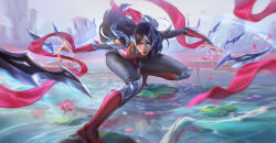 Rule 34 | 1girl, absurdres, armor, black hair, blue eyes, bodysuit, breasts, closed mouth, day, fighting stance, floating, floating object, floating sword, floating weapon, flower, hair ornament, highres, irelia, league of legends, long hair, medium breasts, outdoors, petals, pink flower, qi mang (qimang), shoulder armor, sky, solo, sword, very long hair, water, weapon