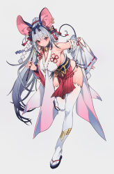 Rule 34 | 1girl, 2020, animal ears, armpits, bell, bow, breasts, chinese zodiac, closed mouth, collar, commentary, detached sleeves, ear piercing, fake animal ears, full body, gohei, grey background, grey hair, hair bow, highres, japanese clothes, jingle bell, large breasts, leaning forward, long hair, long sleeves, looking at viewer, mouse ears, mouse tail, neck bell, nontraditional miko, olys, original, panties, piercing, ponytail, red eyes, revealing clothes, ribbon-trimmed sleeves, ribbon trim, sandals, side-tie panties, sideboob, smile, solo, tail, thighhighs, underwear, very long hair, white thighhighs, wide sleeves, year of the rat, zouri