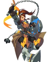 Rule 34 | 1girl, :d, armor, ball and chain (weapon), boots, breastplate, brigitte (overwatch), brown eyes, brown gloves, brown hair, clenched hand, floating hair, freckles, gauntlets, gloves, holding, holding shield, holding weapon, kotatsu (g-rough), looking at viewer, open mouth, overwatch, overwatch 1, ponytail, shield, simple background, smile, solo, waist cape, weapon, white background