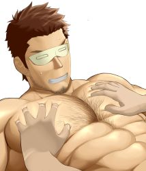 Rule 34 | 1boy, 1other, abs, bara, brown hair, covered eyes, facial hair, grabbing, groping, highres, large pectorals, male focus, manly, muscular, nipples, original, pectoral grab, pectorals, topless male, short hair, stubble, sweatdrop, takejirog, upper body, white background