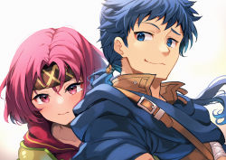 Rule 34 | 1boy, 1girl, blue eyes, blue hair, cloak, closed eyes, colm (fire emblem), couple, crying, crying with eyes open, fire emblem, fire emblem: the sacred stones, happy tears, headband, hetero, highres, looking at viewer, low ponytail, nakabayashi zun, neimi (fire emblem), nintendo, pink eyes, pink hair, ponytail, short hair, shoulder pads, simple background, smile, tears, upper body, white background