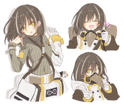 Rule 34 | 1girl, :d, arknights, black coat, brown hair, brown sweater, cameo, charm (object), coat, commentary, earrings, emphasis lines, gloves, grey hair, hands up, holding, jewelry, light blush, long sleeves, looking at viewer, magallan (arknights), magallan (elite ii) (arknights), mask, mask around neck, multicolored coat, multicolored hair, multiple views, open clothes, open coat, open mouth, rhine lab logo, ribbed sweater, satou kibi, simple background, single glove, smile, streaked hair, sweater, teeth, emperor (arknights), two-tone coat, upper teeth only, v, white background, white coat, white gloves, yellow eyes