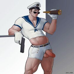 Rule 34 | 1boy, bara, black hair, chris redfield, erection, facial hair, gloves, gun, hat, highres, holding, holding gun, holding weapon, large pectorals, looking at viewer, male focus, muscular, muscular male, navel, official alternate costume, pectorals, penis, resident evil, resident evil: revelations, sailor collar, sailor hat, sailor shirt, shirt, short hair, shorts, solo, stubble, sunglasses, testicles, thick thighs, thighs, twitter username, vir vidal, weapon, white gloves, white shirt, white shorts
