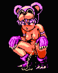 Rule 34 | 1girl, angry, animal hands, animal hat, armband, bear girl, bear hat, black background, blush, breasts, claws, gloves, hands on own knees, hat, lowres, medium breasts, navel, nipples, nude, open mouth, paw gloves, paw shoes, peeing, pixel art, puddle, purple eyes, purple footwear, purple gloves, purple hair, purple headwear, pussy, saiwai hiroshi, shoes, short hair, squatting, sugoro quest, technos japan, teeth, uncensored, werebear (sugoro quest)