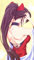 Rule 34 | absurdres, arms up, azur lane, bare shoulders, betelbear, bow, breasts, brown hair, choker, dress, from behind, hair bow, hair ornament, hand in own hair, highres, holding, holding hair, japanese clothes, large breasts, long hair, nape, ponytail, red dress, shawl, shoulder blades, solo, very long hair, zuikaku (azur lane)